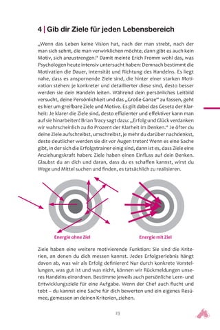23
4 | Gib dir Ziele für jeden Lebensbereich
„Wenn das Leben keine Vision hat, nach der man strebt, nach der
man sich sehnt, die man verwirklichen möchte, dann gibt es auch kein
Motiv, sich anzustrengen.“ Damit meinte Erich Fromm wohl das, was
Psychologen heute intensiv untersucht haben: Demnach bestimmt die
Motivation die Dauer, Intensität und Richtung des Handelns. Es liegt
nahe, dass es anspornende Ziele sind, die hinter einer starken Moti-
vation stehen: je konkreter und detaillierter diese sind, desto besser
werden sie dein Handeln leiten. Während dein persönliches Leitbild
versucht, deine Persönlichkeit und das „Große Ganze“ zu fassen, geht
es hier um greifbare Ziele und Motive. Es gilt dabei das Gesetz der Klar-
heit: Je klarer die Ziele sind, desto effizienter und effektiver kann man
auf sie hinarbeiten! Brian Tracy sagt dazu: „Erfolg und Glück verdanken
wir wahrscheinlich zu 80 Prozent der Klarheit im Denken.“ Je öfter du
deine Ziele aufschreibst, umschreibst, je mehr du darüber nachdenkst,
desto deutlicher werden sie dir vor Augen treten! Wenn es eine Sache
gibt, in der sich die Erfolgstrainer einig sind, dann ist es, dass Ziele eine
Anziehungskraft haben: Ziele haben einen Einfluss auf dein Denken.
Glaubst du an dich und daran, dass du es schaffen kannst, wirst du
Wege und Mittel suchen und finden, es tatsächlich zu realisieren.
Ziele haben eine weitere motivierende Funktion: Sie sind die Krite-
rien, an denen du dich messen kannst. Jedes Erfolgserlebnis hängt
davon ab, was wir als Erfolg definieren! Nur durch konkrete Vorstel-
lungen, was gut ist und was nicht, können wir Rückmeldungen unse-
res Handelns einordnen. Bestimme jeweils auch persönliche Lern- und
Entwicklungsziele für eine Aufgabe. Wenn der Chef auch flucht und
tobt – du kannst eine Sache für dich bewerten und ein eigenes Resü-
mee, gemessen an deinen Kriterien, ziehen.
Energie ohne Ziel Energie mit Ziel
 