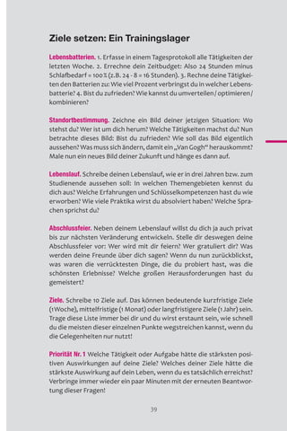 39
Ziele setzen: Ein Trainingslager
Lebensbatterien. 1. Erfasse in einem Tagesprotokoll alle Tätigkeiten der
letzten Woche. 2. Errechne dein Zeitbudget: Also 24 Stunden minus
Schlafbedarf = 100% (z.B. 24 - 8 = 16 Stunden). 3. Rechne deine Tätigkei-
ten den Batterien zu: Wie viel Prozent verbringst du in welcher Lebens-
batterie? 4. Bist du zufrieden? Wie kannst du umverteilen/ optimieren/
kombinieren?
Standortbestimmung. Zeichne ein Bild deiner jetzigen Situation: Wo
stehst du? Wer ist um dich herum? Welche Tätigkeiten machst du? Nun
betrachte dieses Bild: Bist du zufrieden? Wie soll das Bild eigentlich
aussehen? Was muss sich ändern, damit ein „Van Gogh“ herauskommt?
Male nun ein neues Bild deiner Zukunft und hänge es dann auf.
Lebenslauf. Schreibe deinen Lebenslauf, wie er in drei Jahren bzw. zum
Studienende aussehen soll: In welchen Themengebieten kennst du
dich aus? Welche Erfahrungen und Schlüsselkompetenzen hast du wie
erworben? Wie viele Praktika wirst du absolviert haben? Welche Spra-
chen sprichst du?
Abschlussfeier. Neben deinem Lebenslauf willst du dich ja auch privat
bis zur nächsten Veränderung entwickeln. Stelle dir deswegen deine
Abschlussfeier vor: Wer wird mit dir feiern? Wer gratuliert dir? Was
werden deine Freunde über dich sagen? Wenn du nun zurückblickst,
was waren die verrücktesten Dinge, die du probiert hast, was die
schönsten Erlebnisse? Welche großen Herausforderungen hast du
gemeistert?
Ziele. Schreibe 10 Ziele auf. Das können bedeutende kurzfristige Ziele
(1Woche), mittelfristige (1 Monat) oder langfristigere Ziele (1Jahr) sein.
Trage diese Liste immer bei dir und du wirst erstaunt sein, wie schnell
du die meisten dieser einzelnen Punkte wegstreichen kannst, wenn du
die Gelegenheiten nur nutzt!
Priorität Nr. 1 Welche Tätigkeit oder Aufgabe hätte die stärksten posi-
tiven Auswirkungen auf deine Ziele? Welches deiner Ziele hätte die
stärkste Auswirkung auf dein Leben, wenn du es tatsächlich erreichst?
Verbringe immer wieder ein paar Minuten mit der erneuten Beantwor-
tung dieser Fragen!
 