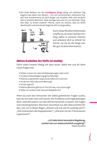 57
• Am Ende bleiben nur die wichtigsten Dinge übrig, am nächsten Tag
beginnt das Spiel vom Neuem – nur mit vorsortiertem, kleinerem Sta-
pel: Nun konzentrierst du dich länger auf einzelne Teile und vertiefst
dich in einzelne Bereiche. Aber springe nach wie vor zur nächsten Tätig-
keit oder zu einem anderen Thema, wenn du merkst, dass du leicht
abschweifst und eine Sache beginnt, dich zu langweilen.
Durch diese flexible Arbeitsweise
schaffst du dir einen leichten Ein-
stieg selbst in schwere Themen
und arbeitest dich so Schritt für
Schritt vor, bis du die Dinge wie-
der gut strukturieren kannst.
Aktives Erarbeiten des Stoffs ist wichtig!
Führe einen inneren Dialog mit dem Autor. Stelle ihm und dir beim
Lesen fragen wie:
• Woher wissen wir, dass die Behauptungen wahr sind?
• Ist diese Schlussfolgerung gerechtfertigt?
• Welche zusätzlichen Argumente fallen mir noch ein?
• Ist das ein Fakt oder eine Meinung?
• Ist das logisch?
• Welche Beweise gibt es im Text für das, was er/sie sagt?
• Fallen mir andere oder bessere Beispiele ein?
Wenn du nach den Antworten der selbst generierten Fragen suchst,
liest du mit mehr Sinn und Zweck, löst Probleme und Fragestellungen
aktiv, statt dich passiv von den Worten berieseln zu lassen. Die Fragen
sind schnell generiert. Man kann sie einfach aus den Überschriften bil-
den, wie z.B. in dieser Regel: „Warum und wie soll ich unstetig sein?“,
„Wie funktioniert die Stapelattacke?“, „Wie kann ich ein Thema besser
explorieren?“.
„Ich habe keine besondere Begabung,
sondern bin nur leidenschaftlich neugierig!“
Albert Einstein
abschweifst und eine Sache beginnt, dich zu langweilen.
 