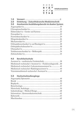 | 3 |
Inhaltsverzeichnis
1.0 Vorwort........................................................................8
2.0 Einleitung – Zukunftsbranche Medizintechnik
3.0 Anerkannte Ausbildungsberufe im dualen System
Augenoptiker/in..........................................................................19
Chirurgiemechaniker/in..............................................................21
Elektroniker/in – Geräte und Systeme .......................................22
Feinoptiker/in .............................................................................23
Feinwerkmechaniker/in ..............................................................24
Hörgeräteakustiker/in.................................................................26
Mechatroniker/in........................................................................27
Orthopädiemechaniker/in und Bandagist/in..............................28
Orthopädieschuhmacher/in ........................................................30
Uhrmacher/in .............................................................................31
Verfahrensmechaniker/in – Brillenoptik.....................................34
Zahntechniker/in........................................................................35
4.0 Berufsfachschule
Assistent/in – medizinische Gerätetechnik.................................38
Medizinisch-technische/r Assistent/in – Funktionsdiagnostik ..40
Medizinisch-technische/r Laboratoriumsassistent/in.................42
Medizinisch-technische/r Radiologieassistent/in .......................44
Veterinärmedizinisch-technische/r Assistent/in .........................45
5.0 Hochschulstudiengänge
Augenoptik, Optometrie .............................................................49
Bionik ........................................................................................50
Biophysik.....................................................................................52
Biotechnologie.............................................................................57
Hörtechnik, Audiologie...............................................................59
Industriedesign – Medical Design...............................................68
Informations-, Kommunikationstechnik .....................................61
Kybernetik...................................................................................63
Maschinenbau .............................................................................65
 