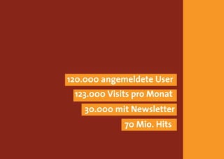 120.000 angemeldete User
 123.000 Visits pro Monat
   30.000 mit Newsletter
             70 Mio. Hits
 