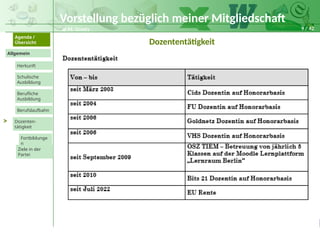 9 / 42
@ M. Grosty
Allgemein
Herkunft
Schulische
Ausbildung
Agenda /
Übersicht
Berufliche
Ausbildung
Berufslaufbahn
Dozenten-
tätigkeit
Ziele in der
Partei
Fortbildunge
n
>
Dozententätigkeit
Vorstellung bezüglich meiner Mitgliedschaft
 