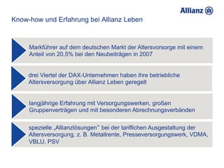 Know-how und Erfahrung bei Allianz Leben



     Markführer auf dem deutschen Markt der Altersvorsorge mit einem
     Anteil von 20,5% bei den Neubeiträgen in 2007


     drei Viertel der DAX-Unternehmen haben ihre betriebliche
     Altersversorgung über Allianz Leben geregelt


     langjährige Erfahrung mit Versorgungswerken, großen
     Gruppenverträgen und mit besonderen Abrechnungsverbänden

     spezielle „Allianzlösungen“ bei der tariflichen Ausgestaltung der
     Altersversorgung, z. B. Metallrente, Presseversorgungswerk, VDMA,
     VBLU, PSV
 