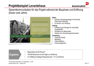 Projektbeispiel Levantehaus
Gesamtkommunikation für das Projekt während der Bauphase und Eröffnung
(Dauer zwei Jahre)
                                                                           Klient
                                                                           • Exklusive Shoppingpassage mit Top-Hotel
                                                                               (Park Hyatt Hamburg)
                                                                           • Im Zentrum von Hamburg
                                                                           Auftrag
                                                                           • Profilierung als Passage für individuelle
                                                                               Einzelhändler
                                                                           • Schaffung von Bekanntheit
                                                                           • Kreation von Vermarktungsinstrumenten
                                                                           Umsetzung
                                                                           • Corporate Design
                                                                           • Marketing
                                                                           • Public Relations
                                                                           • Eventmanagement




                                 •     Bekanntheit bei 60 Prozent1
 Ergebnis                        •     100.000 Besucher an drei Tagen zur Eröffnung
                                 •     21,4 Millionen Auflage Presseresonanz + TV und Hörfunk

1 Umfrage
        Mönckebergstraße und Jungfernstieg, n=1.000
www.konstruktiv-pr.de, 11. Oktober 2011                                                                                  Seite 10
 