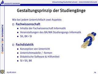 Infonachmittag Studienfeld Lehramt – Unterrichtsfeld Informatik




                                       Gestaltungsprinzip der Studiengänge
                               Wie bei jedem Unterrichtfach zwei Aspekte:
                               o    Fachwissenschaft
Didaktik Der Informatik




                                       n    Inhalte der Fachwissenschaft Informatik
                                       n    Veranstaltungen des BA/MA Studiengangs Informatik
                                       n    SII, BK > SI


                               o    Fachdidaktik
                                       n    Konzeption von Unterricht
                                       n    Unterrichtmodelle / -formen
                                       n    Didaktische Software & Hilfsmittel
                                       n    SI > SII, BK



                          25.06.2012                                                                                              14
 
