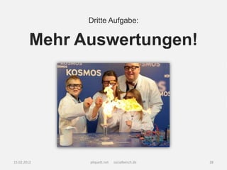 Dritte Aufgabe:

         Mehr Auswertungen!




15.02.2012     pliquett.net   socialbench.de   28
 
