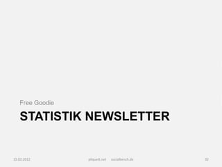 Free Goodie

   STATISTIK NEWSLETTER


15.02.2012       pliquett.net   socialbench.de   32
 