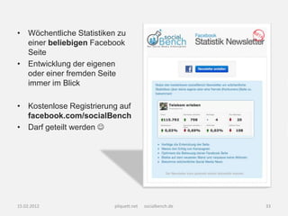 • Wöchentliche Statistiken zu
  einer beliebigen Facebook
  Seite
• Entwicklung der eigenen
  oder einer fremden Seite
  immer im Blick

• Kostenlose Registrierung auf
  facebook.com/socialBench
• Darf geteilt werden 




15.02.2012                pliquett.net   socialbench.de   33
 