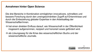 Die drei Bereiche in Kombination ermöglichen innovativere, schnellere und
bessere Forschung durch den uneingeschränkten Zugriff auf Erkenntnisse und
durch die Einbeziehung globaler Expertise in den Arbeitsalltag der
Wissenschaftler/innen.
 hat einen direkten Einfluss darauf, wie Wissenschaft in der Öffentlichkeit
insgesamt aufgenommen, rezipiert und honoriert sowie gefördert wird.
 als Lösungsweg für die Krise des wissenschaftlichen Buchs und der
wissenschaftliche Journale.
Annahmen hinter Open Science
 