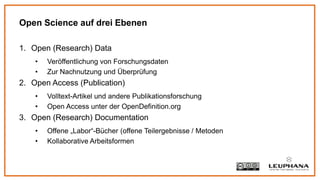 1. Open (Research) Data
• Veröffentlichung von Forschungsdaten
• Zur Nachnutzung und Überprüfung
2. Open Access (Publicati...