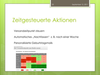 Zeitgesteuerte AktionenSeptember 12, 201123Versandzeitpunkt steuernAutomatisches „Nachfassen“  z. B. nach einer WochePersonalisierte Geburtstagsmails…