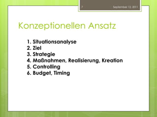 Konzeptionellen AnsatzSeptember 12, 20117SituationsanalyseZielStrategieMaßnahmen, Realisierung, KreationControllingBudget, Timing