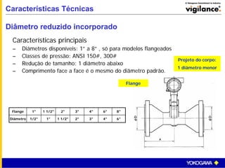 Características Técnicas
Diâmetro reduzido incorporado
Características principais
– Diâmetros disponíveis: 1” a 8” , só para modelos flangeados
– Classes de pressão: ANSI 150#, 300#
– Redução de tamanho: 1 diâmetro abaixo
– Comprimento face a face é o mesmo do diâmetro padrão.
Projeto do corpo:
1 diâmetro menor
Flange
Flange 1" 1 1/2" 2" 3" 4" 6" 8"
Diâmetro 1/2" 1" 1 1/2" 2" 3" 4" 6"
 