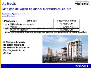 Aplicação
Medição de vazão de álcool hidratado ou anidro
Indústrias: Açúcar e Álcool
Área: Destilaria
 Vantagens:
 Medição volumétrica do álcool
 Aplicações que não exigem tanta precisão quando comparado com o Coriolis
 Maior confiabilidade e menos manutenção quando comparado com a placa de orifício
 Medição da vazão
de álcool hidratado
na entrada da coluna de
Destilação de álcool
Anidro.
Líquidos Vazão volumétrica
Coriolis +/- 0,2% VM
Vórtex +/- 0,75% VM
Placa de Orifício +/- 2,0% VM
 