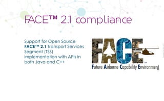 CopyrightPrismTech,2017
Support for Open Source
FACE™ 2.1 Transport Services
Segment (TSS)
implementation with APIs in
both Java and C++
FACE™ 2.1 compliance
 
