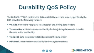 Copyright PrismTech, 2014 
Durability QoS Policy 
The DURABILITY QoS controls the data availability w.r.t. late joiners, specifically the 
DDS provides the following variants: 
Volatile. No need to keep data instances for late joining data readers 
Transient Local. Data instance availability for late joining data reader is tied to 
the data writer availability 
Transient. Data instance availability outlives the data writer 
Persistent. Data instance availability outlives system restarts 
 