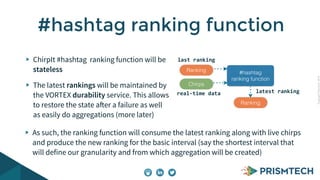 Copyright PrismTech, 2014 
#hashtag ranking function 
ChirpIt #hashtag ranking function will be 
stateless 
The latest rankings will be maintained by 
the VORTEX durability service. This allows 
to restore the state after a failure as well 
as easily do aggregations (more later) 
#hashtag 
ranking function 
Ranking 
Chirps 
latest 
ranking 
Ranking 
last 
ranking 
real-­‐time 
data 
As such, the ranking function will consume the latest ranking along with live chirps 
and produce the new ranking for the basic interval (say the shortest interval that 
will define our granularity and from which aggregation will be created) 
 