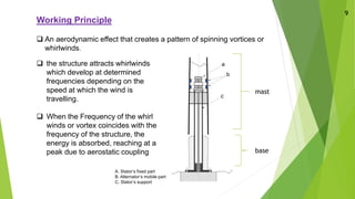 Working Principle
❑ An aerodynamic effect that creates a pattern of spinning vortices or
whirlwinds.
❑ the structure attracts whirlwinds
which develop at determined
frequencies depending on the
speed at which the wind is
travelling.
❑ When the Frequency of the whirl
winds or vortex coincides with the
frequency of the structure, the
energy is absorbed, reaching at a
peak due to aerostatic coupling
9
mast
base
A. Stator’s fixed part
B. Alternator’s mobile part
C. Stator’s support
 