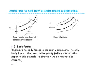 Force due to the flow of fluid round a pipe bend
33
3. Body force:
There are no body forces in the x or y directions.The only
body force is that exerted by gravity (which acts into the
paper in this example - a direction we do not need to
consider).
Flow round a pipe bend of
constant cross-section
Control volume
 