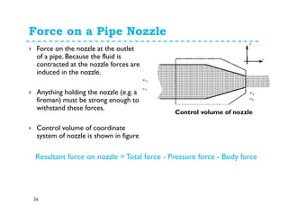 Force on a Pipe Nozzle
36
Force on the nozzle at the outlet
of a pipe. Because the fluid is
contracted at the nozzle forces are
induced in the nozzle.
Anything holding the nozzle (e.g. a
fireman) must be strong enough to
withstand these forces.
Control volume of coordinate
system of nozzle is shown in figure
Control volume of nozzle
Resultant force on nozzle = Total force - Pressure force - Body force
 