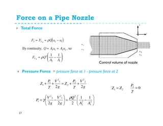 Force on a Pipe Nozzle
37
Total Force
Control volume of nozzle
Pressure Force = pressure force at 1 - pressure force at 2
g
VP
Z
g
VP
Z
22
2
2
2
2
1
2
1
1 ++=++
γγ
21 ZZ = 02
=
γ
P






−=





−= 2
1
2
2
2
1
2
2
2
1
11
222 AA
Q
g
V
g
V
P
ρ
γ
 