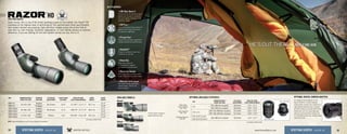 razor
®
HD
KEY FEATURES:
SPOTTING SCOPES
Quite simply, this is one of the finest spotting scopes on the market. Our Razor®
HD
competes at the highest level of performance! The sophisticated triple apochromatic
lens system delivers eye-popping, high-definition images across the entire field of
view with no color fringing, resolution degradation, or color fidelity dilution at extreme
distances. If you are looking for the best spotter money can buy, this is it.
SKU MAGNIFICATION X
OBJECTIVE LENS
EYEPIECE
POSITION
EYE RELIEF
ADJUSTMENT
CLOSE FOCUS
DISTANCE
FIELD OF VIEW
1,000 YARDS/DEGREES
SCOPE
WEIGHT
SCOPE
LENGTH
RZR-A1
20-60 x 85
Angled
18-20mm 16.4’ 117-60’ / 2.2-1.1° 65.7 oz
15.3”
RZR-S1 Straight 15.8”
RZR-65A1
16-48 x 65
Angled
18-20mm 11.5’ 138-75’ / 2.7-1.4° 48.4 oz
14.1”
RZR-65S1 Straight 14.6”
RZR-50A1
11-33 x 50
Angled
20mm 6.6’ 191-96’ / 3.6-1.8° 25.0 oz
10.3”
RZR-50S1 Straight 11.0”
SKU
MAGNIFICATION X
OBJECTIVE LENS
EYE RELIEF
ADJUSTMENT
FIELD OF VIEW
1,000 YARDS/DEGREES
R30
30x (85mm scopes) 18.0mm 112’ / 2.1°
23x (65mm scopes) 18.0mm 135’ / 2.6°
RZR-LER-1
LER 23x (85mm scopes) 31.0mm 103’ / 2.0°
LER 18x (65mm scopes) 31.0mm 129’ / 2.5°
RZR-30-RT-A (MOA)
30x (85mm scopes) 18.0mm 112’ / 2.1°
RZR-30-RT-M (MRAD)
*Choose either straight or
angled spotting scope.
4XR Plus™
Fully multi-coated lenses deliver the
highest level of light transmission
for maximum brightness.
4Plasma Tech™
Plasma Tech provides unparalelled
coating durability and performance.
4ArmorTek®
Protects the exterior lenses from
scratches, oil, and dirt.
4HD (High Density)
Premium extra-low dispersion glass
delivers the ultimate in resolution
and color fidelity, resulting in high-
definition images.
4Argon Gas
Argon gas-purged and
o-ring-sealed for fogproof
and waterproof performance.
Our Digital Camera Adapter for the
Razor HD 85mm / 65mm spotting
scopes easily converts your camera to a
high-powered telephoto lens. Use with
all DSLR cameras, and with the PS-100
attachment, you can easily digiscope
with your point-and-shoot camera, too.
It’s incredibly to easy use, making image
capturing simple.
4Dielectric Coating
Multi-layer prism coatings provide
bright, clear, color-accurate images.
AVAILABLE MODELS: OPTIONAL AVAILABLE EYEPIECES: OPTIONAL DIGITAL CAMERA ADAPTER:
50mm*
65mm*
85mm*
US Patent D595,754S
US Patent D595,754S
18x / 23x LER
Fixed Eyepiece
18x / 23x
Ranging Eyepiece
30x WA
Wide Angle
Fixed Eyepiece
23x / 30x
23x / 30x WA
4Rotating tripod collar
The collar provides adjustable
viewing angles. (65mm and
85mm models)
34 35www.VortexOptics.comVORTEX OPTICSSPOTTING SCOPES - RAZOR HD SPOTTING SCOPES - RAZOR HD
VISIT: www.VortexOptics.com for more detailed information.
 