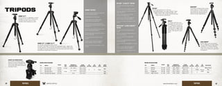 Tripods
SUMMIT XLT™
A full-size tripod in a lightweight, compact
package, the Summit XLT™ (Extra-Long
Extension) provides maximum tripod
versatility without weighing you down.
SUMMIT SS™ & SUMMIT SS-P™
Our ultimate backpacking tripods provide
the perfect combination of compact size, lightweight design, rugged build,
and fast operation. Choose the SS (Super Short) for situations where space
and weight are primary considerations. Plus they have a split center column
that allows you to get closer to the ground.
SUMMIT TRIPODS
• 5-section legs for maximum height with 	
minimum packing length.
• Lightweight for an easy carry.
• Twist leg locks for variable height
adjustment and reduced bulk.
• XLT and SS come with compact ball
head with quick-release plate and locking
mechanism.
• SS-P has a pan head with quick-release
plate and locking mechanism.
• Variable leg angle adjustments allow for
flexible positioning.
• Anodized aluminum legs for sturdy
support.
• Balance hook holds extra weight for
greater stability in windy conditions.
• Rubber feet stand sure-footed on slick
surfaces.
SKU MODELS
WEIGHT MAX
LOAD
MINIMUM TO
MAXIMUM HEIGHT
FOLDED
DIMENSIONS
LEG
SECTIONS
LEG
ANGLES
LEG
LOCKS
HEAD
DESIGN
ST-3 Summit XLT 3.6 lbs 11 lbs 7.6 - 64.1” 18.1 x 4.0”
5 3 Twist
Ball
ST-4 Summit SS 1.8 lbs
5 lbs
6.3 - 54.5”
14.0 x 3.8”
ST-5 Summit SS-P 2.0 lbs 14.0 x 4.5” Pan
CWM-SS2 Summit Car Mount 12.3 oz 5.4” 5.4 x 3.0” - - - Ball
SUMMIT CAR WINDOW MOUNT
Our compact car window mount
features an easy-to-manipulate ball
head for fast subject acquisition. The
quick-release plate allows convenient
mounting of optics.
TRIPOD SPECIFICATIONS
SKYLINE™
& PRO GT™
TRIPOD
• Anodized aluminum legs for sturdy
support.
• Padded leg wraps for added comfort.
• Flip lever leg locks for rapid set up and
height adjustment.
• Quick-release plate and a locking
mechanism for ease of use.
• Balance hook holds extra weight for
greater stability in windy conditions.
• Rubber feet stand sure-footed on slick
surfaces.
SKYLINE™
For rock-solid performance in the most
demanding situations, you need a Skyline™ tripod. 	
Rugged anodized legs, variable leg angles, split
center column, and a smooth, precise fluid head 	
deliver maximum performance.
PRO GT™
For reliable performance at a
reasonable cost, look to the Pro
GT.™ Designed to handle any
condition, sturdy anodized legs
combined with a rugged 3-way
quick-release pan head deliver
smooth, solid support for your
optics.
RIDGEVIEW™
& HIGH COUNTRY™
TRIPOD
• Anodized aluminum legs for sturdy
support.
• Ball head with quick-release plate and
locking mechanism.
• Flip lever leg locks for rapid height
adjustment.
• Variable leg angle adjustments allow for
flexible positioning.
• Ultra-compact and lightweight for an easy
carry.
• Balance hook holds extra weight for
greater stability in windy conditions.
• Rubber feet stand sure-footed on slick
surfaces.
RIDGEVIEW™
This perfect full-featured back-country
tripod is light and compact enough to
carry everywhere, yet rock-solid and
dependable when glassing extreme
distances at high magnifications.
HIGH COUNTRY™
Smaller, lighter, and more compact
than our Ridgeview, the High Country
is designed for hunting at altitudes
where every ounce counts. The split
center column allows you to get closer
to the ground.
SKU MODELS
WEIGHT MAX
LOAD
MINIMUM TO
MAXIMUM HEIGHT
FOLDED
DIMENSIONS
LEG
SECTIONS
LEG
ANGLES
LEG
LOCKS
HEAD DESIGN
SKY-1 Skyline 5.0 lbs 11 lbs 8.9 - 68.0” 26.0 x 4.5” 3 3
Flip-up
Lever
Micro-Fluid
PRO-2 Pro GT 4.4 lbs 10 lbs 23.9 - 67.1” 24.6 x 5” 3 Fixed Pan
RDGVW Ridgeview 3.6 lbs 8 lbs 35.5 - 60.9” 23.0 x 3.5” 4
3 Ball
HCOUNTRY High Country 2.1 lbs 5 lbs 14.8 - 53.8” 18.8 x 3.5” 5
TRIPOD SPECIFICATIONS
48 49www.VortexOptics.comVORTEX OPTICSTRIPODS TRIPODS
 