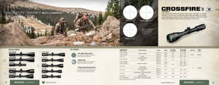 Crossfire
®
IIRIFLESCOPES
High performance meets ecomonical. Clear, tough, and bright, our popular
Crossfire®
II line is built to exceed the performance standards of similarly
priced riflescopes. Long eye relief, a fast-focus eyepiece, fully multi-coated
lenses, and resettable MOA turrets are hallmarks of the series.
1-4 X 24
4-16 X 50 AO
MAGNIFICATION X
OBJECTIVE LENS
RETICLE OPTIONS WEIGHT LENGTH
EYE RELIEF
(MAX POWER)
FIELD OF VIEW
@ 100 YARDS
TUBE SIZE
TURRET
STYLE
6-24 x 50 AO
Dead-Hold BDC
23.6 oz 14.5” 4.0” 17.3 - 4.4’
30mm Capped4-16 x 50 AO 23.6 oz 14.2” 3.7” 25.3 - 7.0’
1-4 x 24 V-Brite 16.0 oz 9.8” 4.0” 96.1 - 24.1’
6-18 x 44 AO
Dead-Hold BDC 19.6 oz
13.5” 3.7” 15.2 - 5.3’
1” Capped
V-Brite 20.6 oz
4-12 x 50 AO
Dead-Hold BDC A
20.6 oz 14.2”
3.9”
25.7 - 8.4’
4-12 x 40 AO 19.2 oz 13.6” 24.7 - 8.4’
4-12 x 44 17.2 oz 13.1”
24.7 - 8.4’
V-Plex MOA
3-9 x 50
Dead-Hold BDC 18.4 oz
12.7” 3.8” 32.0 - 12.9’
V-Brite 18.6 oz
3-9 x 40
V-Plex MOA or Dead-Hold BDC 15.0 oz
12.0” 3.8” 34.1 - 12.6’
V-Brite 16.2 oz
2-7 x 32 Dead-Hold BDC
14.3 oz 11.3” 3.9” 42.0 - 12.6’
2-7 x 32 Rimfire V-Plex MOA or Dead-Hold BDC
4Fully Multi-Coated Lenses
Anti-reflective lens coatings on every lens
surface allows for brighter views.
4Precision-Glide Erector System™
This system ensures the components in the
zoom lens mechanism glide smoothly and
cleanly through all magnification ranges.
6-24 X 50 AO
2-7 X 32
AVAILABLE MODELS:
3-9 X 50
4-12 X 44
4-12 X 40 AO
4-12 X 50 AO
3-9 X 40
Dead-Hold BDC reticleV-Plex reticle
V-Brite reticle
6-18 X 44 AO
Duel Use: Shooting Tactical / Hunting
KEY FEATURES:
1”
tube
1”
tube
30mm
tube
VISIT: www.VortexOptics.com
or page 46-47 for more
detailed information on
specs or reticles.
4Nitrogen Gas
Nitrogen gas-purged and o-ring-sealed for
fogproof and waterproof performance.
14 15www.VortexOptics.comVORTEX OPTICSRIFLESCOPES - CROSSFIRE II RIFLESCOPES - CROSSFIRE II
 