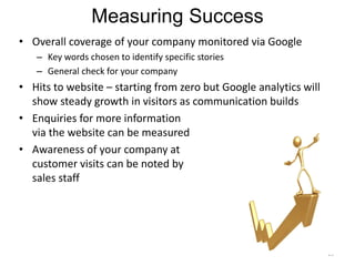 Measuring Success
• Overall coverage of your company monitored via Google
   – Key words chosen to identify specific stories
   – General check for your company
• Hits to website – starting from zero but Google analytics will
  show steady growth in visitors as communication builds
• Enquiries for more information
  via the website can be measured
• Awareness of your company at
  customer visits can be noted by
  sales staff




                                                                   15
 