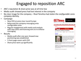 Engaged to reposition ARC
•   ARC’s reputation & share price was at all time low
•   Media audit showed press had lost interest in the company
•   No clear image for the company – Rival Tensilica had stolen the configurable cores
    company identity.
•   Campaign
     – New CEO on press tour round Europe
     – Refocused the company messaging onto
       configurable cores
     – Regular engagement with media and analysts
       with new cores and licensing wins to re-enforce
       messaging
•   Results
     – Media audit after one year showed new
       positioning was established
     – 5 front page covers with CEO
     – Share price went up significantly




                                                                                         32
 