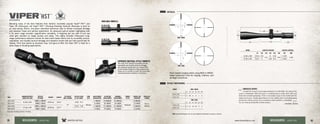 Viper
®
HST
™
RIFLESCOPES
RETICLES:
RETICLE SUBTENSIONS:
Hash-marked ranging reticle using MOA or MRAD-
based subtension lines for ranging, holdover, and
windage corrections.
VMR-1 MRAD
X2
X1
C2
C1
B
A
VMR-1 MOA
X2
X1
C2
C1
B
A
6-24 X 50
4-16 X 44
AVAILABLE MODELS:
SKU
MAGNIFICATION X
OBJECTIVE LENS
RETICLE
OPTIONS
WEIGHT LENGTH
EYE RELIEF
(MAX POWER)
FIELD OF VIEW
@ 100 YARDS
TUBE
SIZE
ADJUSTMENT
GRADUATION
ELEVATION
ADJUSTMENT
WINDAGE
ADJUSTMENT
TURRET
STYLE
TRAVEL PER
ROTATION
PARALLAX
(YARDS)
VHS-4310
6-24 x 50
VMR-1 MRAD
22.6 oz 15.5”
4”
17.8 - 5.1’
30mm
.1 MRAD 19 MRAD 19 MRAD
Tactical
5 MRAD
50 to
infinity
VHS-4325 VMR-1 MOA ¼ MOA 65 MOA 65 MOA 12 MOA
VHS-4308
4-16 x 44
VMR-1 MRAD
20.8 oz 13.7”
27.4 - 7.4’ .1 MRAD 21 MRAD 21 MRAD 5 MRAD
VHS-4309 VMR-1 MOA ¼ MOA 75 MOA 75 MOA 12 MOA
Blending many of the best features from Vortex’s incredibly popular Viper®
PST™
and
Viper HS riflescopes, the Viper®
HST™
(Hunting Shooting Tactical) riflescope is built on
an ultra-strong 30mm, one-piece machined aluminum tube to deliver increased windage
and elevation travel and optimal adjustment. An advanced optical system highlighted with
a 4x zoom range provides magnification versatility. A forgiving eye box with 4-inch eye
relief gets shooters on target quickly and easily. This highly versatile riflescope’s long-
range performance features include its hash-mark based reticle and its incredibly precise,
repeatable, and durable tactical windage and elevation turrets that are built specifically for
dialing. From tree stands to mountain tops, bolt guns to ARs, the Viper HST is ideal for a
wide range of shooting applications.
EXPOSED TACTICAL-STYLE TURRETS
The Viper HST features incredibly precise,
repeatable and durable tactical windage
and elevation turrets with our unique CRS
(Customizable Rotational Stop) system that
allows you to quickly re-index the turret after
making temporary elevation corrections.
MODEL LENGTHS (INCHES) HEIGHTS (INCHES)
L1 L2 L3 L4 L5 L6 H1 H2
6-24 x 50 15.5 2.5
2.2
6 5.8
3.6
2.26
1.63
4-16 x 44 13.7 2 5.6 4.2 2.03
MODEL VMR-1 MRAD
A B C1 C2 X1 X2
6-24 x 50
.5 .05 5 9 1 .5
4-16 x 44
VMR-1 MOA
A B C1 C2 X1 X2
6-24 x 50
1.7 .15 18 30 4 2
4-16 x 44
FANTASTIC SCOPE!
I bought this scope for long-range shooting for my 300 RUM. The clarity of the
scope is unbelievable. With this scope it is relatively easy to make 1200-1300 yard
shots with consistent groupings. There is not another scope on the market with this
quality at this price. Another great feature is in the unlikely event of something going
wrong with a Vortex product, the no-questions-asked warranty is unbeatable.
You can never go wrong with a Vortex product. 		
Duel Use: Shooting Tactical / Hunting
VISIT: www.VortexOptics.com for more detailed information on specs or reticles.
—drmikedc, Arizona
18 19www.VortexOptics.comVORTEX OPTICSRIFLESCOPES - VIPER HST RIFLESCOPES - VIPER HST
 