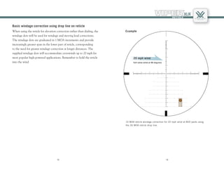 1312
1312
Basic windage correction using drop line on reticle
When using the reticle for elevation correction rather than dialing, the
windage dots will be used for windage and moving lead corrections.
The windage dots are graduated in 1 MOA increments and provide
increasingly greater span in the lower part of reticle, corresponding
to the need for greater windage correction at longer distances. The
supplied windage dots will accommodate crosswinds up to 20 mph for
most popular high-powered applications. Remember to hold the reticle
into the wind
14 MOA reticle windage correction for 20 mph wind at 800 yards using
the 26 MOA reticle drop line.
Example
20 mph wind
Full value wind at 90 degrees
 