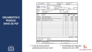 ORÇAMENTOS E
PEDIDOS:
ENVIO DE PDF
✓ Envio de arquivo pdf do
pedido/orçamento por email.
✓ Possibilidade de integração
diretamente com o ERP
 