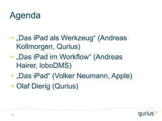 Agenda

• „Das iPad als Werkzeug“ (Andreas
  Kollmorgen, Qurius)
• „Das iPad im Workflow“ (Andreas
  Hairer, loboDMS)
• „Das iPad“ (Volker Neumann, Apple)
• Olaf Dierig (Qurius)


10
 