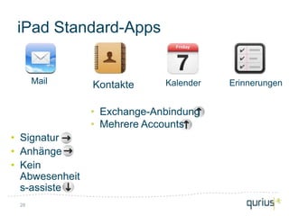 iPad Standard-Apps


      Mail      Kontakte     Kalender   Erinnerungen


                • Exchange-Anbindung
                • Mehrere Accounts
• Signatur
• Anhänge
• Kein
  Abwesenheit
  s-assistent
 28
 