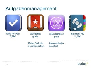 Aufgabenmanagement



ToDo for iPad    Wunderlist       iMExchange 2    Informant HD
   3,99€          gratis             gratis           11,99€


                Keine Outlook-    Abwesenheits-
                synchronisation   assistent




32
 