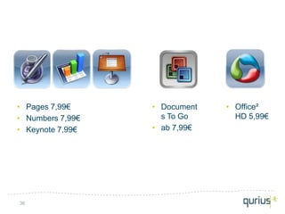 • Pages 7,99€     • Document   • Office²
• Numbers 7,99€     s To Go      HD 5,99€
• Keynote 7,99€   • ab 7,99€




36
 