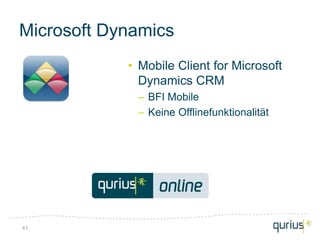 Microsoft Dynamics
            • Mobile Client for Microsoft
              Dynamics CRM
             – BFI Mobile
             – Keine Offlinefunktionalität




41
 