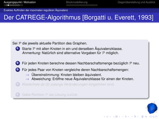 Ausgangspunkt / Motivation                       Blockmodellierung        Gegenüberstellung und Ausblick


Exaktes Aufﬁnden der maximalen regulären Äquivalenz


Der CATREGE-Algorithmus [Borgatti u. Everett, 1993]


       Sei P die jeweils aktuelle Partition des Graphen.
          1   Starte P mit allen Knoten in ein und derselben Äquivalenzklasse.
              Anmerkung: Natürlich sind alternative Vorgaben für P möglich.

          2   Für jeden Knoten berechne dessen Nachbarschaftsmenge bezüglich P neu.
          3   Für jedes Paar von Knoten vergleiche deren Nachbarschaftsmengen:
                → Übereinstimmung: Knoten bleiben äquivalent.
                → Abweichung: Eröffne neue Äquivalenzklasse für einen der Knoten.
          4   Wiederhole ab (2) solange Veränderungen eingetreten sind.

          5   Gebe Partition P als Lösung zurück.
 