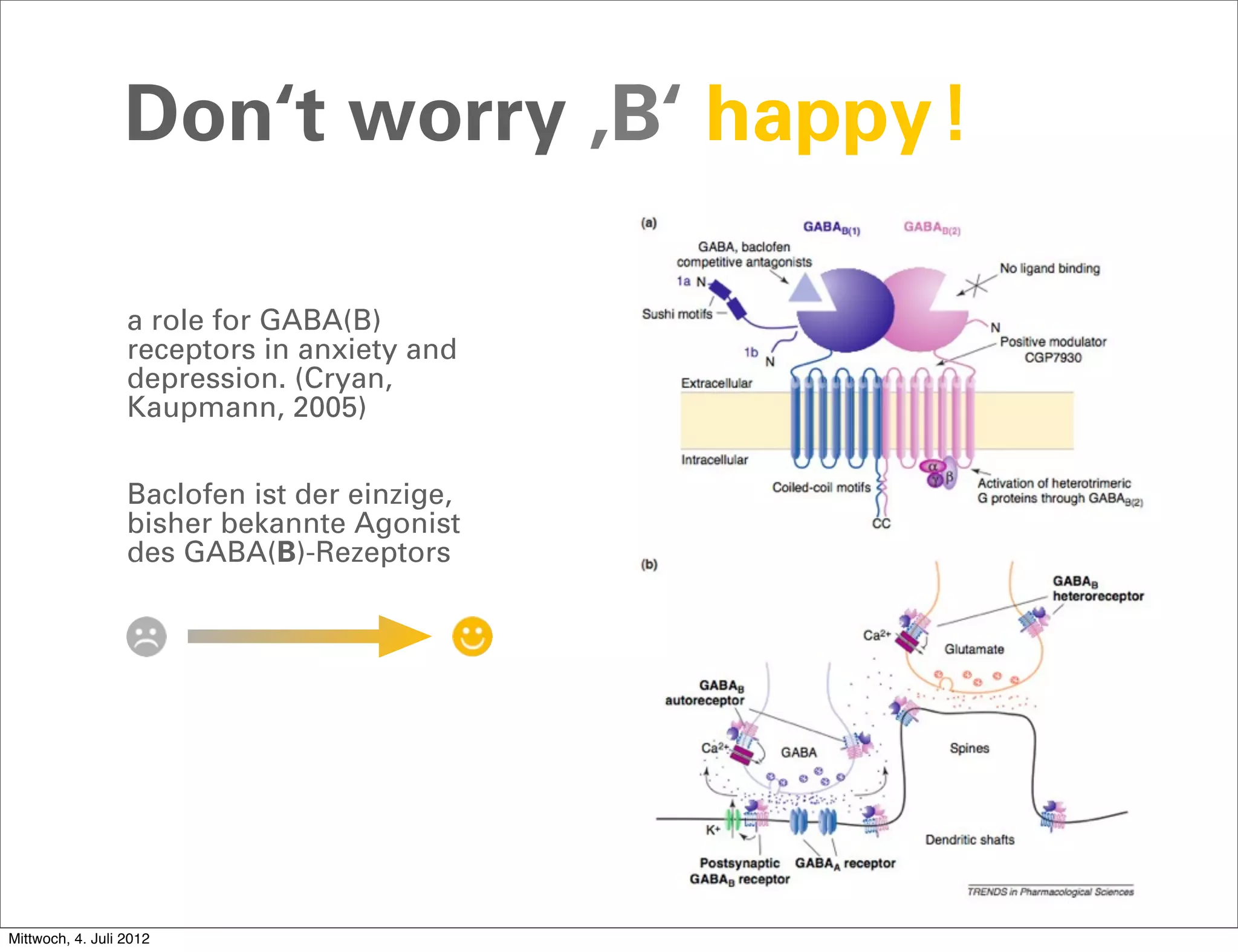 Don‘t worry ‚B‘ happy!

           •      a role for GABA(B)
                  receptors in anxiety and
                  depression. (Cryan,
                  Kaupmann, 2005)


           •      Baclofen ist der einzige,
                  bisher bekannte Agonist
                  des GABA(B)-Rezeptors




Mittwoch, 4. Juli 2012
 