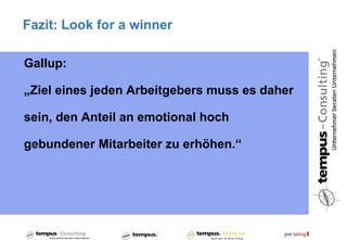 Fazit: Look for a winner

Gallup:

„Ziel eines jeden Arbeitgebers muss es daher

sein, den Anteil an emotional hoch

gebundener Mitarbeiter zu erhöhen.“
 