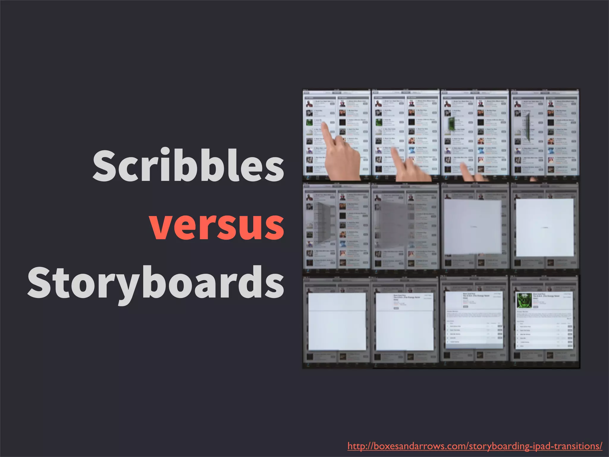 Scribbles
versus
Storyboards
http://boxesandarrows.com/storyboarding-ipad-transitions/
 