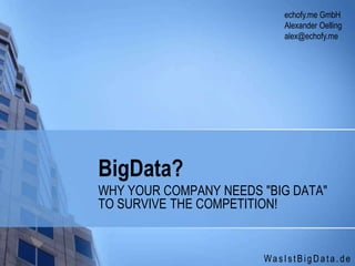 WasIstBigData.de
BigData?
WHY YOUR COMPANY NEEDS "BIG DATA"
TO SURVIVE THE COMPETITION!
echofy.me GmbH
Alexander Oelling
alex@echofy.me
 