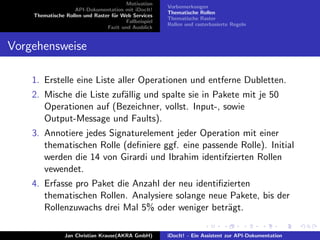 Motivation
API-Dokumentation mit iDocIt!
Thematische Rollen und Raster f¨ur Web Services
Fallbeispiel
Fazit und Ausblick
Vorbemerkungen
Thematische Rollen
Thematische Raster
Rollen und rasterbasierte Regeln
Vorgehensweise
1. Erstelle eine Liste aller Operationen und entferne Dubletten.
2. Mische die Liste zuf¨allig und spalte sie in Pakete mit je 50
Operationen auf (Bezeichner, vollst. Input-, sowie
Output-Message und Faults).
3. Annotiere jedes Signaturelement jeder Operation mit einer
thematischen Rolle (deﬁniere ggf. eine passende Rolle). Initial
werden die 14 von Girardi und Ibrahim identifzierten Rollen
vewendet.
4. Erfasse pro Paket die Anzahl der neu identiﬁzierten
thematischen Rollen. Analysiere solange neue Pakete, bis der
Rollenzuwachs drei Mal 5% oder weniger betr¨agt.
Jan Christian Krause(AKRA GmbH) iDocIt! - Ein Assistent zur API-Dokumentation
 