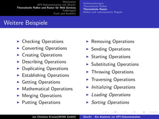 Motivation
API-Dokumentation mit iDocIt!
Thematische Rollen und Raster f¨ur Web Services
Fallbeispiel
Fazit und Ausblick
Vorbemerkungen
Thematische Rollen
Thematische Raster
Rollen und rasterbasierte Regeln
Weitere Beispiele
Checking Operations
Converting Operations
Creating Operations
Describing Operations
Duplicating Operations
Establishing Operations
Getting Operations
Mathematical Operations
Merging Operations
Putting Operations
Removing Operations
Sending Operations
Starting Operations
Substituting Operations
Throwing Operations
Traversing Operations
Initializing Operations
Loading Operations
Sorting Operations
Jan Christian Krause(AKRA GmbH) iDocIt! - Ein Assistent zur API-Dokumentation
 