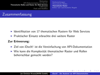 Motivation
API-Dokumentation mit iDocIt!
Thematische Rollen und Raster f¨ur Web Services
Fallbeispiel
Fazit und Ausblick
Vorbemerkungen
Thematische Rollen
Thematische Raster
Rollen und rasterbasierte Regeln
Zusammenfassung
Identiﬁkation von 17 thematischen Rastern f¨ur Web Services
Praktischer Einsatz erbrachte drei weitere Raster
Zur Erinnerung:
Ziel von iDocIt! ist die Vereinfachung von API-Dokumentation
Wie kann die Komplexit¨at thematischer Raster und Rollen
beherrschbar gemacht werden?
Jan Christian Krause(AKRA GmbH) iDocIt! - Ein Assistent zur API-Dokumentation
 