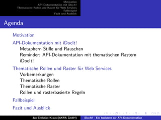 Motivation
API-Dokumentation mit iDocIt!
Thematische Rollen und Raster f¨ur Web Services
Fallbeispiel
Fazit und Ausblick
Agenda
Motivation
API-Dokumentation mit iDocIt!
Metaphern Stille und Rauschen
Reminder: API-Dokumentation mit thematischen Rastern
iDocIt!
Thematische Rollen und Raster f¨ur Web Services
Vorbemerkungen
Thematische Rollen
Thematische Raster
Rollen und rasterbasierte Regeln
Fallbeispiel
Fazit und Ausblick
Jan Christian Krause(AKRA GmbH) iDocIt! - Ein Assistent zur API-Dokumentation
 
