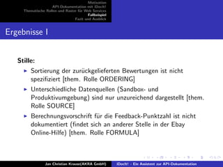 Motivation
API-Dokumentation mit iDocIt!
Thematische Rollen und Raster f¨ur Web Services
Fallbeispiel
Fazit und Ausblick
Ergebnisse I
Stille:
Sortierung der zur¨uckgelieferten Bewertungen ist nicht
speziﬁziert [them. Rolle ORDERING]
Unterschiedliche Datenquellen (Sandbox- und
Produktivumgebung) sind nur unzureichend dargestellt [them.
Rolle SOURCE]
Berechnungsvorschrift f¨ur die Feedback-Punktzahl ist nicht
dokumentiert (ﬁndet sich an anderer Stelle in der Ebay
Online-Hilfe) [them. Rolle FORMULA]
Jan Christian Krause(AKRA GmbH) iDocIt! - Ein Assistent zur API-Dokumentation
 