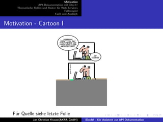Motivation
API-Dokumentation mit iDocIt!
Thematische Rollen und Raster f¨ur Web Services
Fallbeispiel
Fazit und Ausblick
Motivation - Cartoon I
F¨ur Quelle siehe letzte Folie
Jan Christian Krause(AKRA GmbH) iDocIt! - Ein Assistent zur API-Dokumentation
 