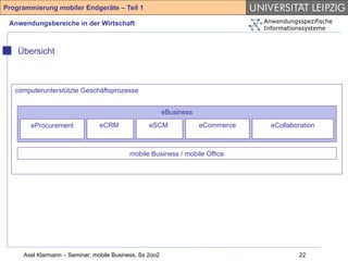 Programmierung mobiler Endgeräte – Teil 1

 Anwendungsbereiche in der Wirtschaft                                            Anwendungsspezifische
                                                                                 Informationssysteme



    Übersicht



   computerunterstützte Geschäftsprozesse


                                                         eBusiness
        eProcurement            eCRM              eSCM               eCommerce     eCollaboration



                                           mobile Business / mobile Office




     Axel Klarmann – Seminar: mobile Business, Ss 2oo2                                      22
 